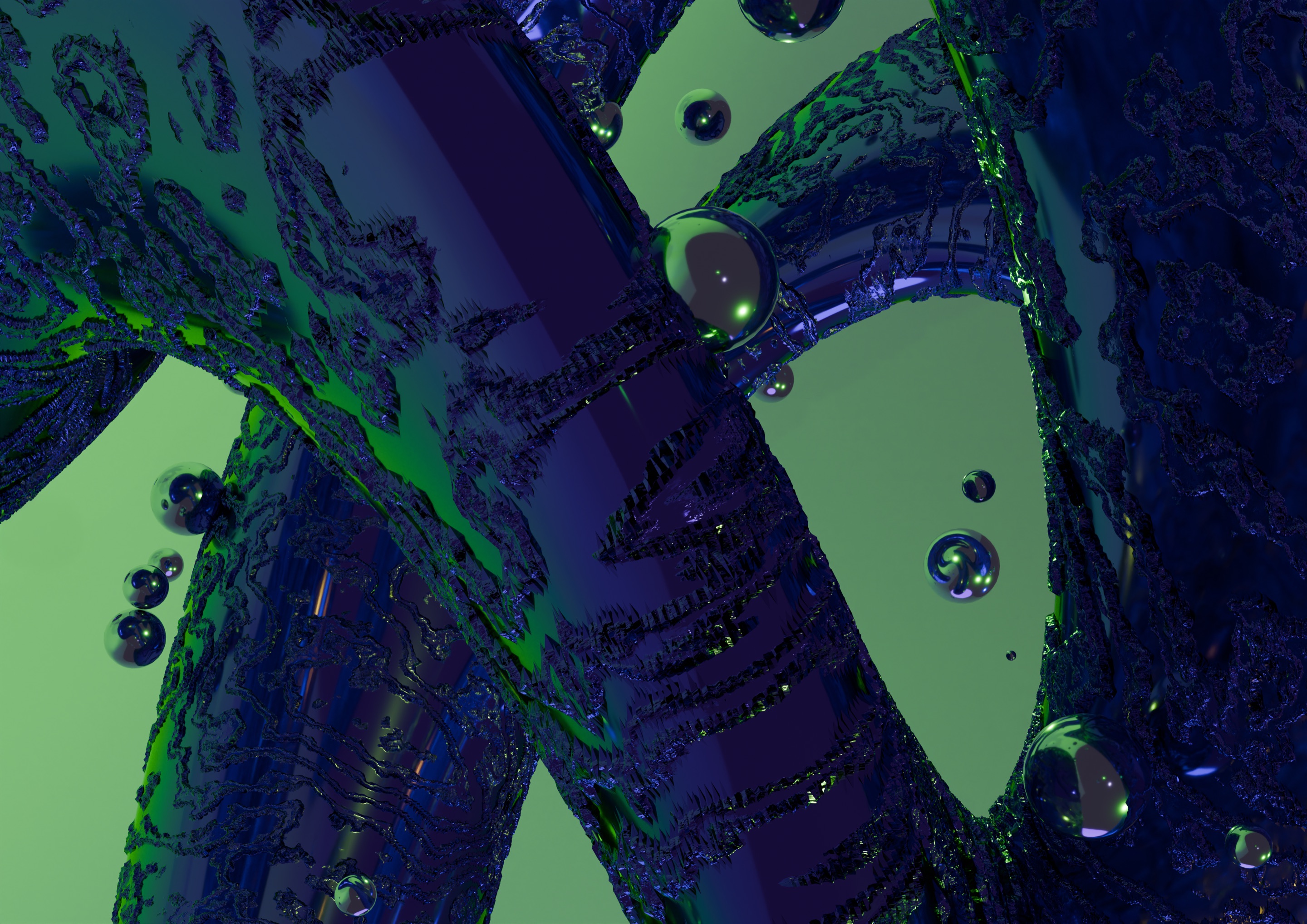 Close-up of the festival's 3D graphic made in Blender: glossy purple tubes on green