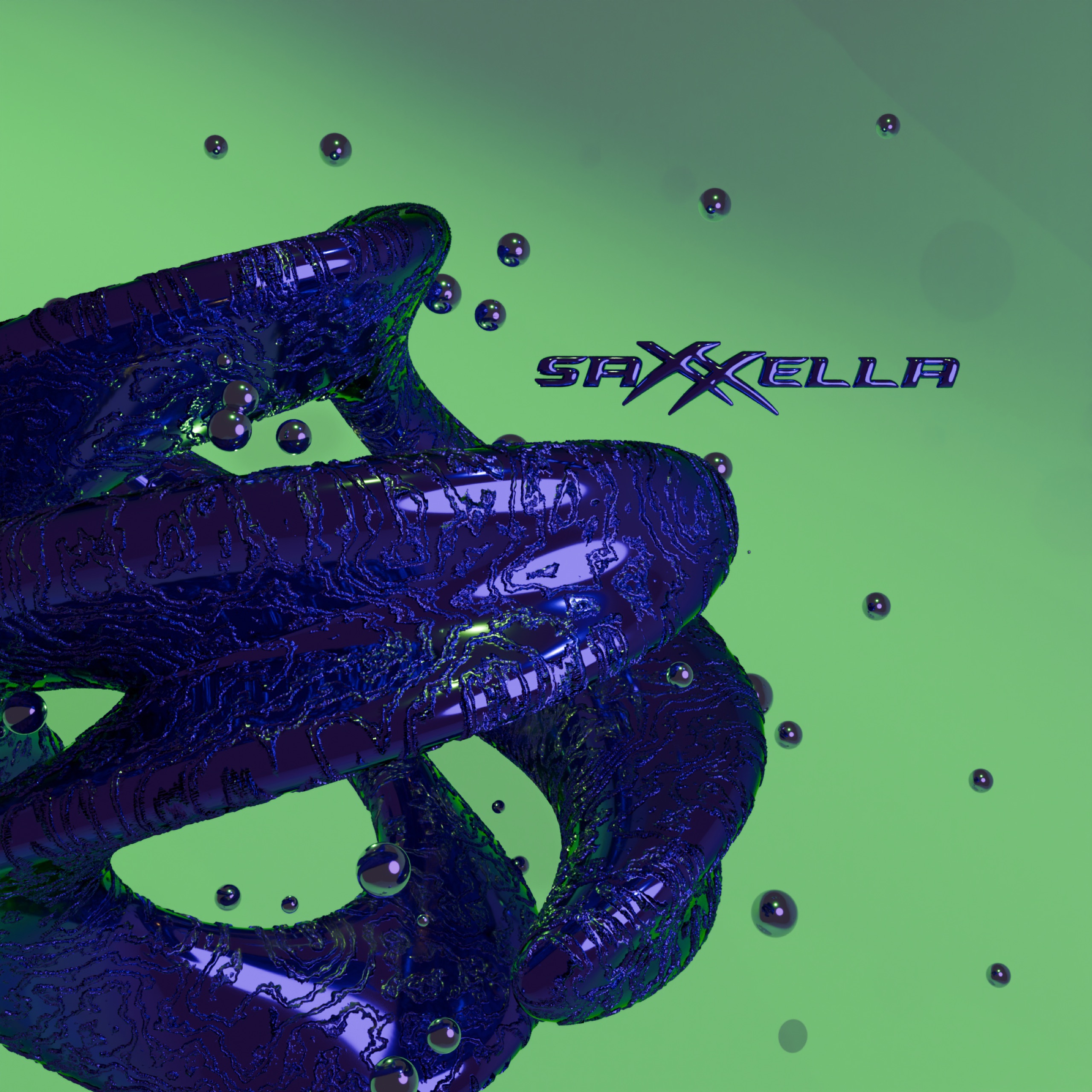 The saXXella logo next to a twisted purple 3D shape on a green background