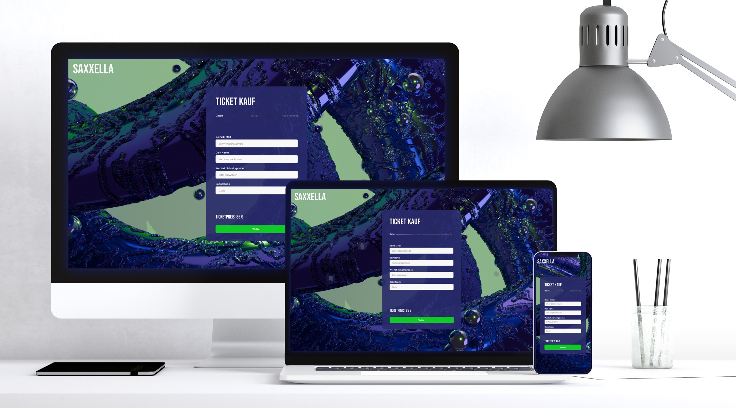 The saXXella website on desktop, laptop and phone, showing the ticket page