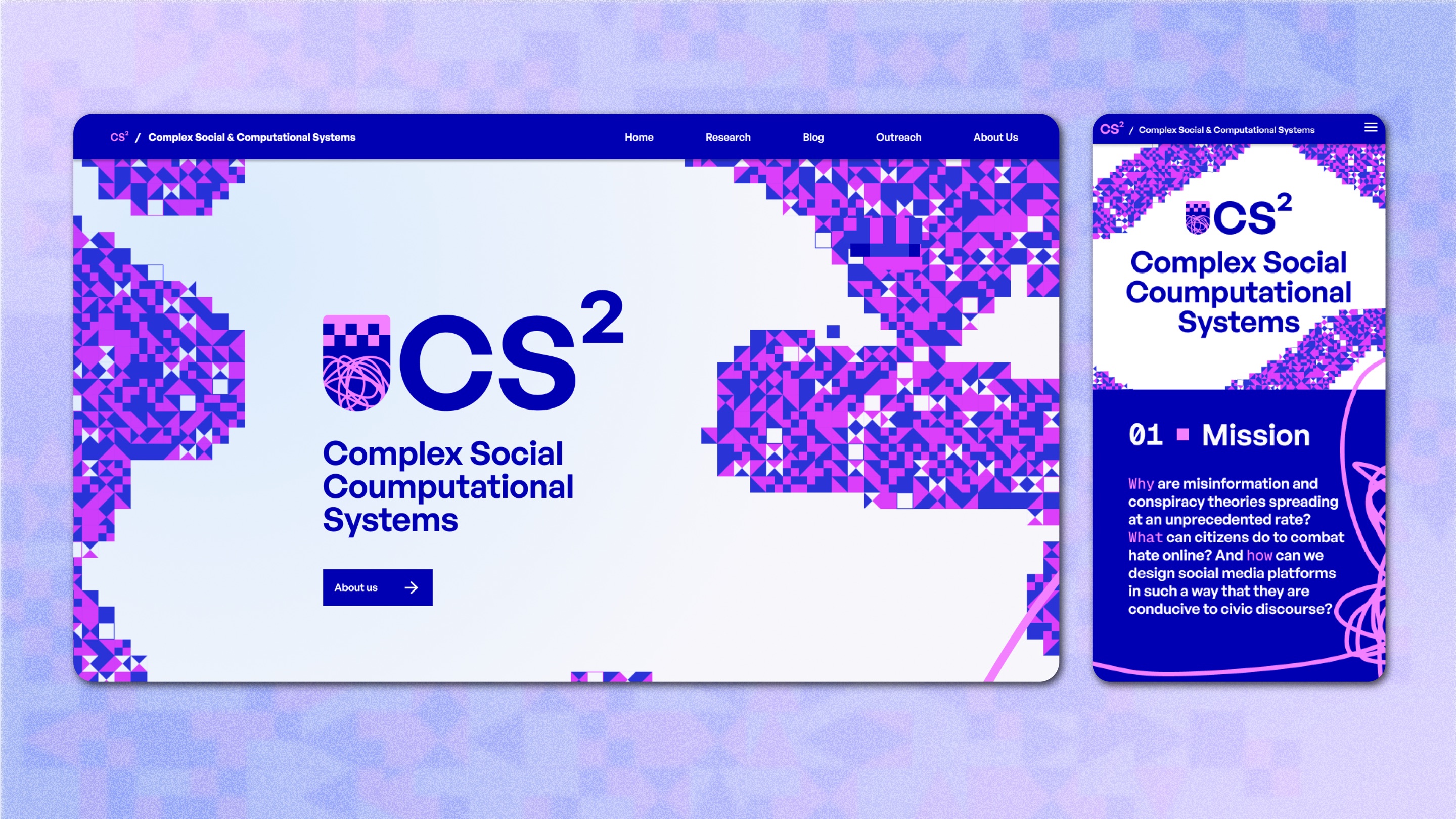 The CS² website on desktop and mobile: homepage with the CS² logo and the mission section